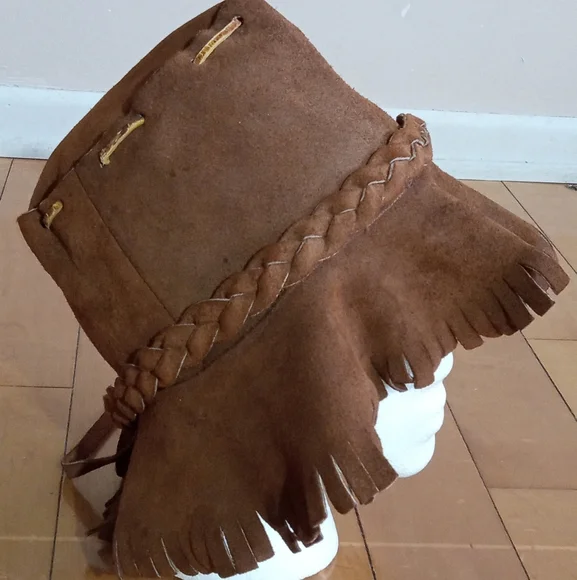 Handmade Vintage Suede bucket hat with leather stitching and braiding unisex - Picture 2 of 6